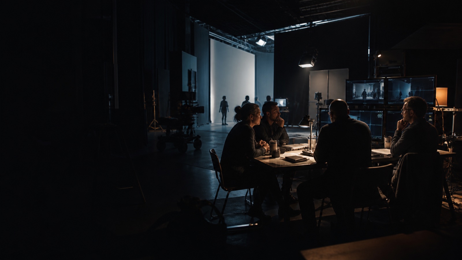 Production team collaborating around a table on a dark soundstage