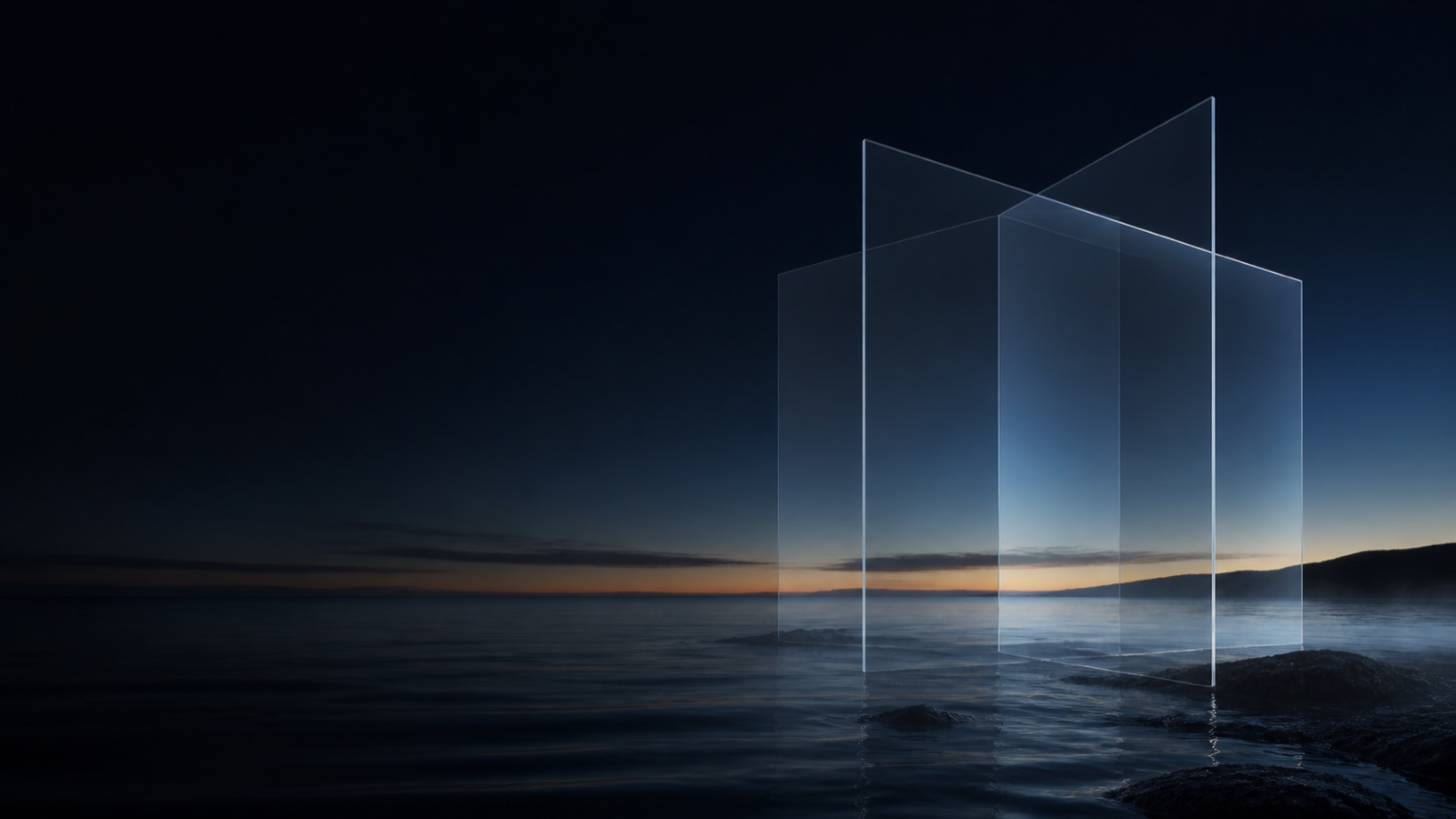 Translucent glass planes above the Pacific at blue hour